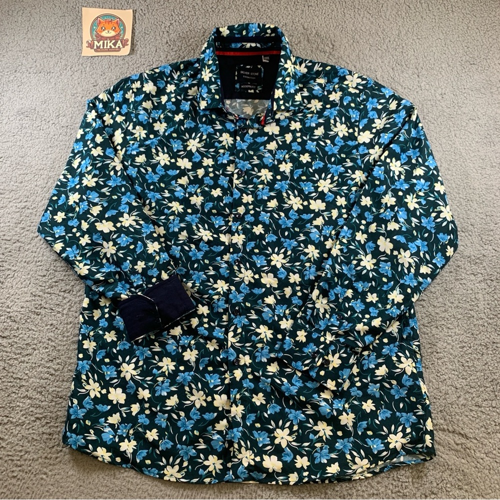 Silver Stone Collection Shirt Men's Modern Fit Long Sleeve Floral Green Size XXL